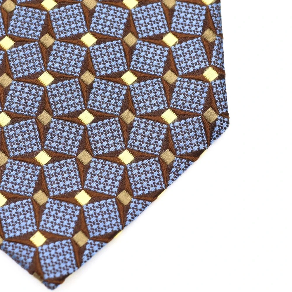 Ermenegildo Zegna Silk Tie Blue‎ Brown Yellow Geometric Diamond Pattern Italy